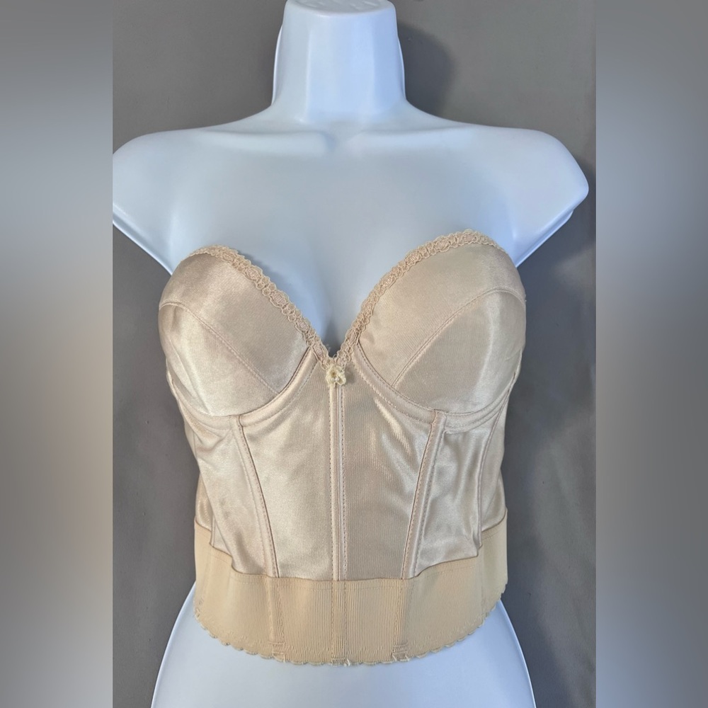 Vintage Carnival Beige  Nylon Lace Bustier Long Line Boned Corset Top‎ Size 38B